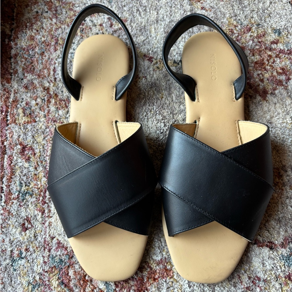 Nisolo Black Leather Sandals with Tan Footbed